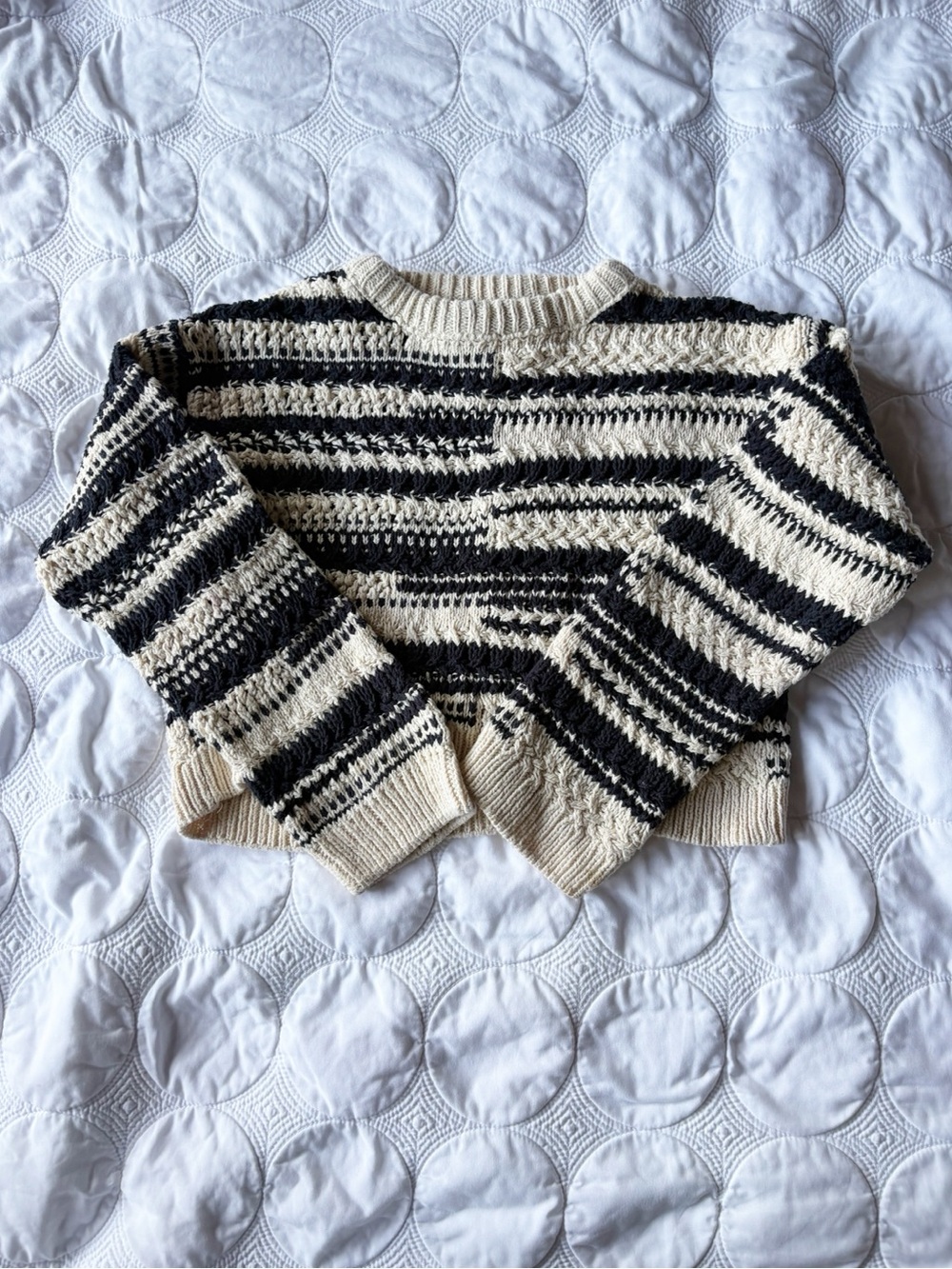 Zara Girls Striped Black and Cream Cropped Knit Sweater